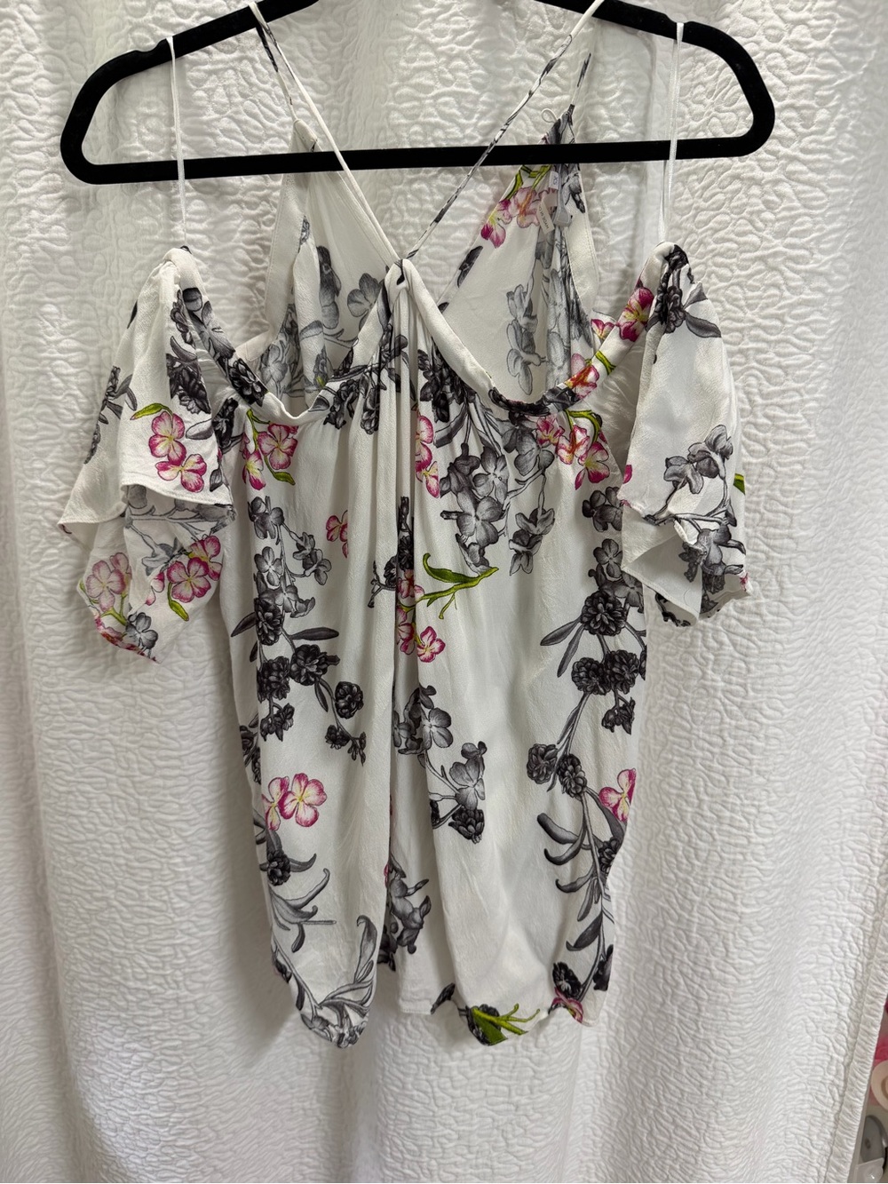 1. State White Floral Cold-Shoulder Camisole with Pink Accents